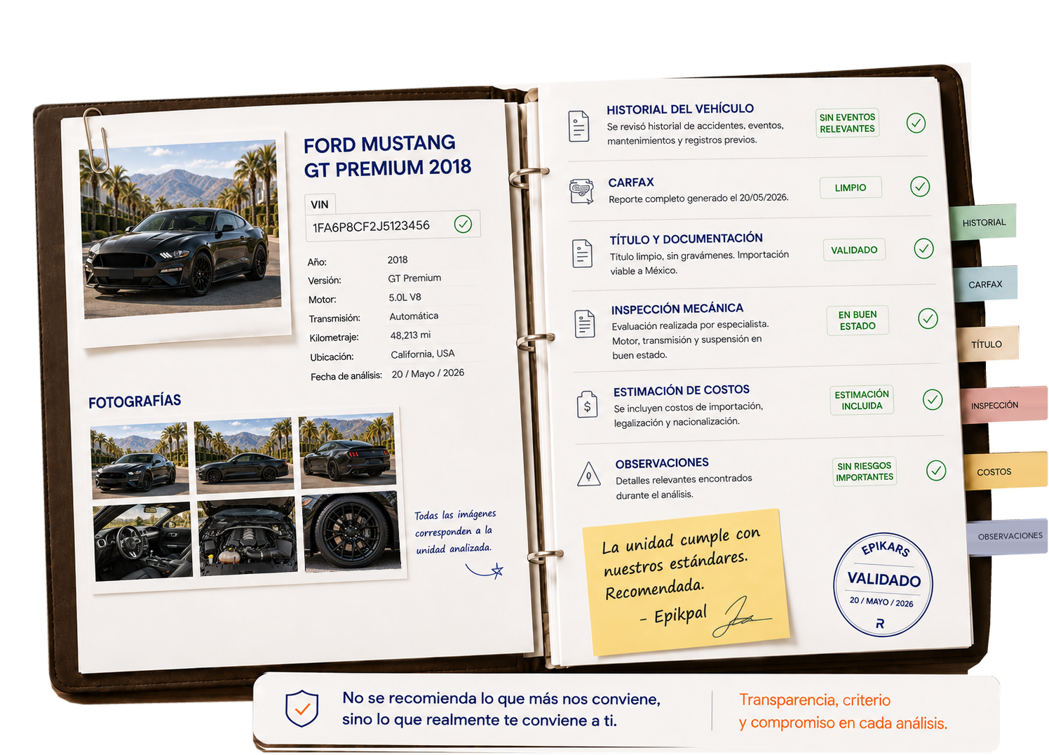 Expediente completo Epikars de un Ford Mustang GT Premium 2018 con ficha VIN, fotografías y validaciones